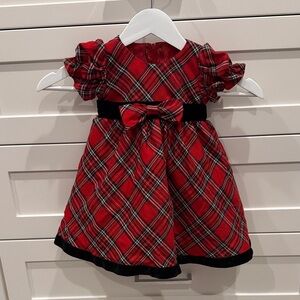 Red Plaid Holiday Christmas Dress with Black Bow